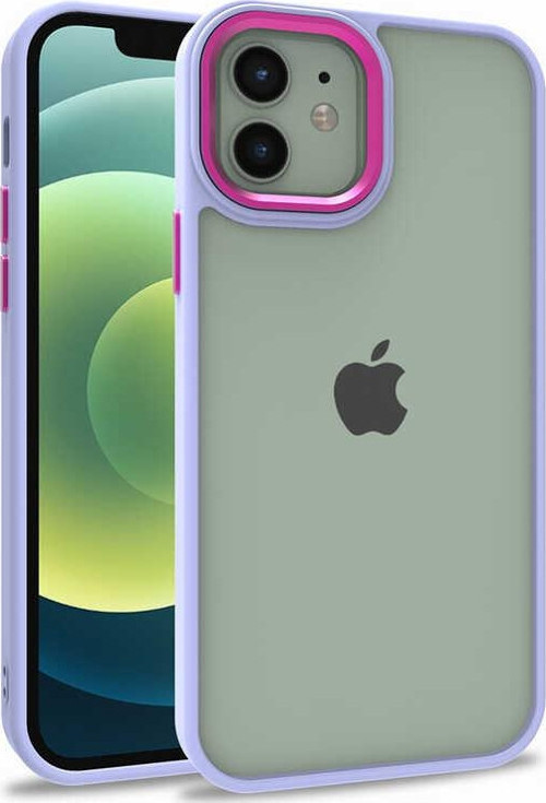 Apple iPhone 12 Kapak Metal Kamera Korumalı Arkası Şeffaf Silikon Kılıf - Lila