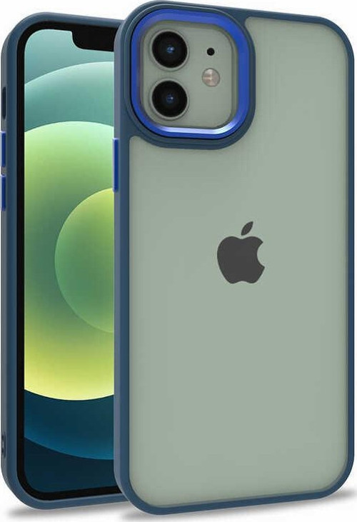 Apple iPhone 12 Kapak Metal Kamera Korumalı Arkası Şeffaf Silikon Kılıf - Mavi