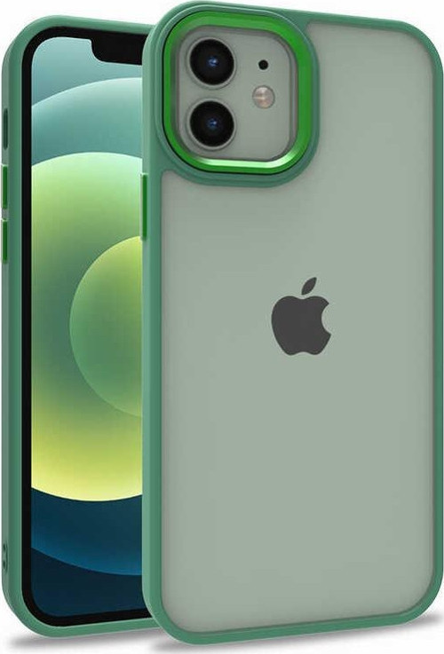 Apple iPhone 12 Kapak Metal Kamera Korumalı Arkası Şeffaf Silikon Kılıf - Yeşil