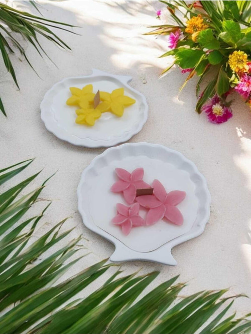 AYD- İstiridye Dekoratif Biblo Plumeria Çiçek Desenli Kokulu Mum Doğal Soya Wax