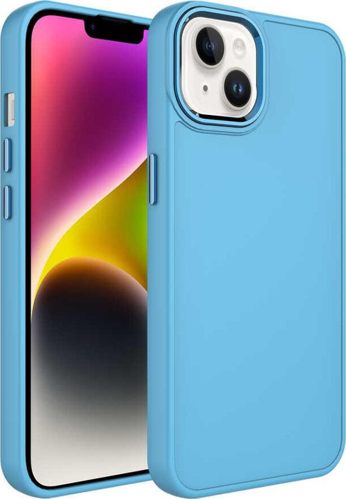 Apple iPhone 13 Kapak Renkli Metal Kamera Çerçeveli Class İçi Kadife Lasnman Kılıf - Mavi