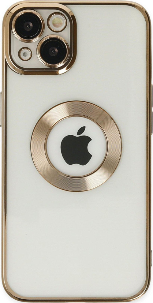 Apple iPhone 13 Kapak Yanları Renkli Lens Korumalı Logo Gösteren Şeffaf Luxury Kılıf - Gold