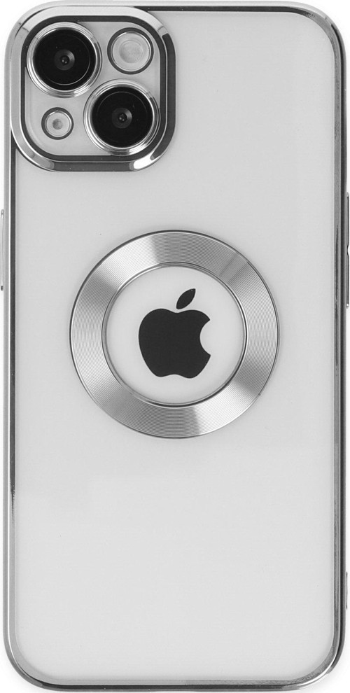 Apple iPhone 13 Kapak Yanları Renkli Lens Korumalı Logo Gösteren Şeffaf Luxury Kılıf - Gri