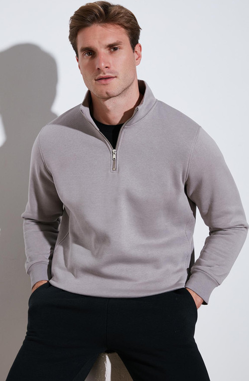Pamuklu Regular Fit Yarım Fermuarlı Dik Yaka Erkek Sweat 59052592 Kül