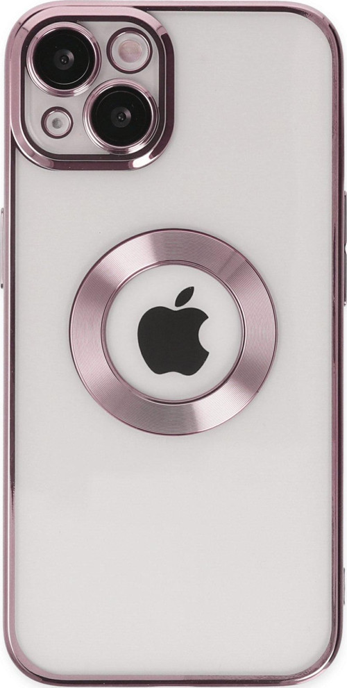 Apple iPhone 13 Kapak Yanları Renkli Lens Korumalı Logo Gösteren Şeffaf Luxury Kılıf - Rose Gold