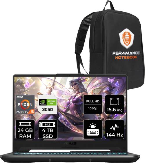 Tuf Gaming A15 R5 7535Hs 24 GB 4 TB SSD Rtx3050/4 GB 144Hz 15.6" FHD Fdos Hn049 & Per4 Çanta