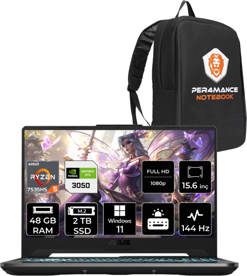 Tuf Gaming A15 R5 7535Hs 48 GB 2 TB SSD Rtx3050/4 GB 144Hz 15.6" FHD W11P Hn048 & Per4 Çanta