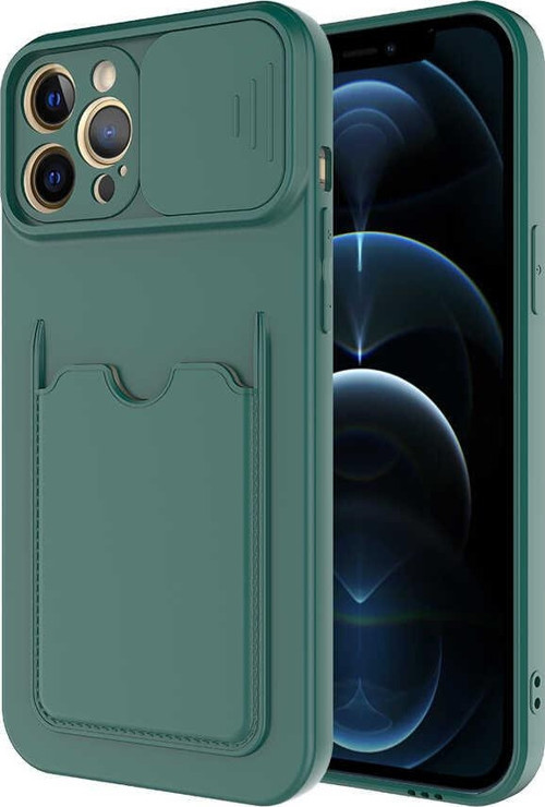 Apple iPhone 12 Pro Kapak Açılır Kapanır Kamera Korumalı Kartvizitli Kılıf - Koyu Yeşil