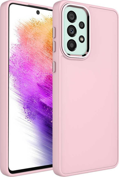 Samsung Galaxy A52 Kapak Renkli Metal Kamera Çerçeveli Class İçi Kadife Lasnman Kılıf - Pembe