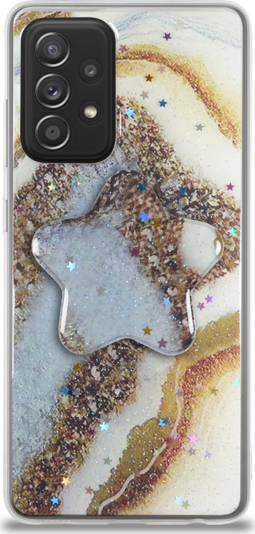 Samsung Galaxy A52s Kapak Mermer Desenli Pop Socketli Silikon Kılıf - Gold