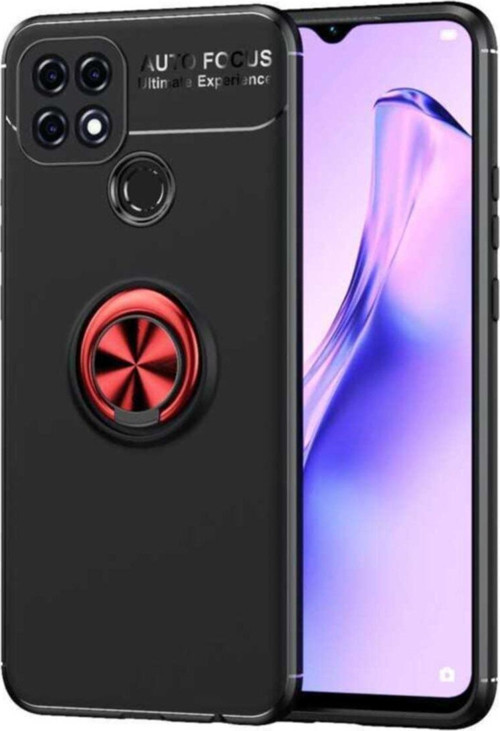 Oppo A15S Kılıf Renkli Yüzüklü Manyetik Silikon Kapak Siyah - Kırmızı