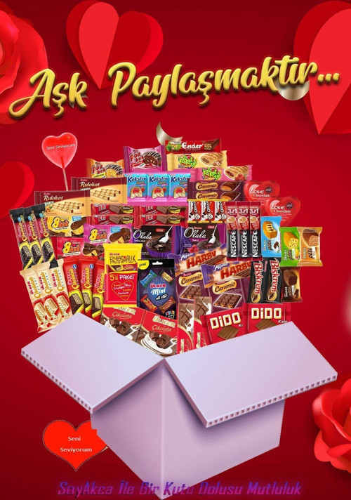 Aşk Paylaşmaktır 58 Parça Orta Boy Atıştırmalık Paketi. Soyakca Seni Seviyorum Yazılı Şeker Hediye