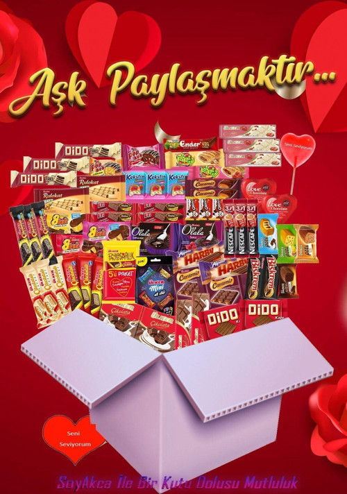 Aşk Paylaşmaktır 64 Parça Büyük Boy Atıştırmalık Pak. Soyakca Seni Seviyorum Yazılı Şeker Hediye