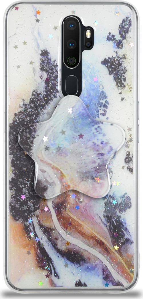 Oppo A5 2020 Kapak Mermer Desenli Pop Socketli Silikon Kılıf - Mor
