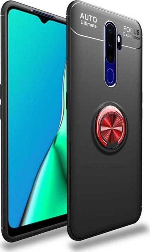 Oppo A5 2020 Kılıf Renkli Yüzüklü Manyetik Silikon Kapak Siyah - Kırmızı