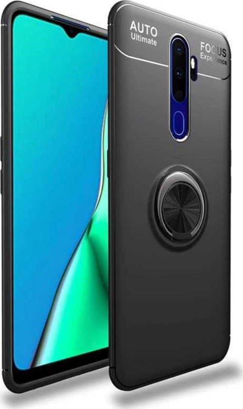 Oppo A5 2020 Kılıf Renkli Yüzüklü Manyetik Silikon Kapak Siyah - Siyah