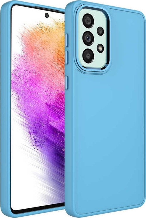 Samsung Galaxy A23 Kapak Renkli Metal Kamera Çerçeveli Class İçi Kadife Lasnman Kılıf - Mavi