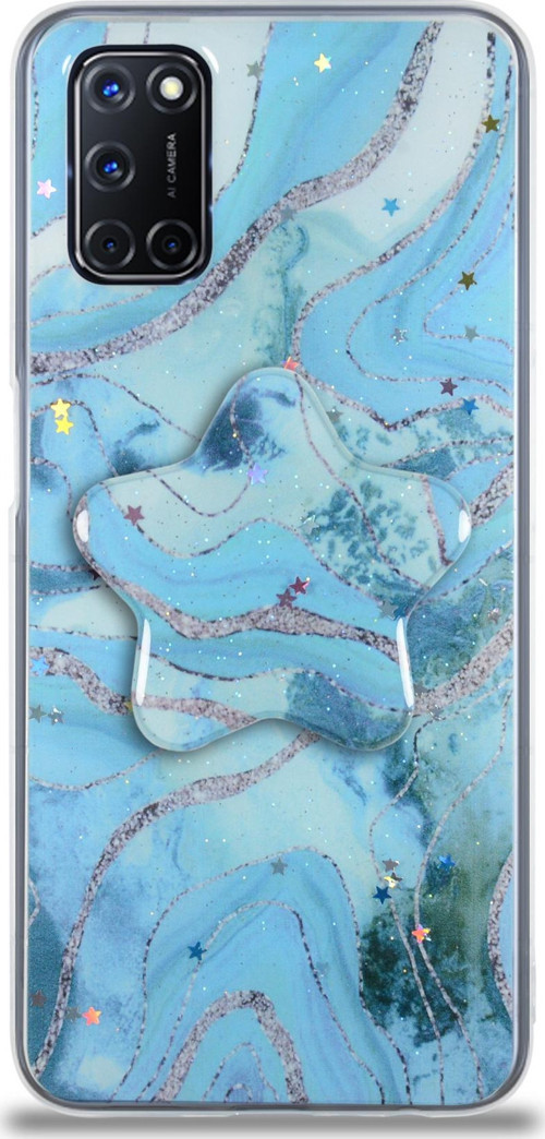 Oppo A52 Kapak Mermer Desenli Pop Socketli Silikon Kılıf - Mavi