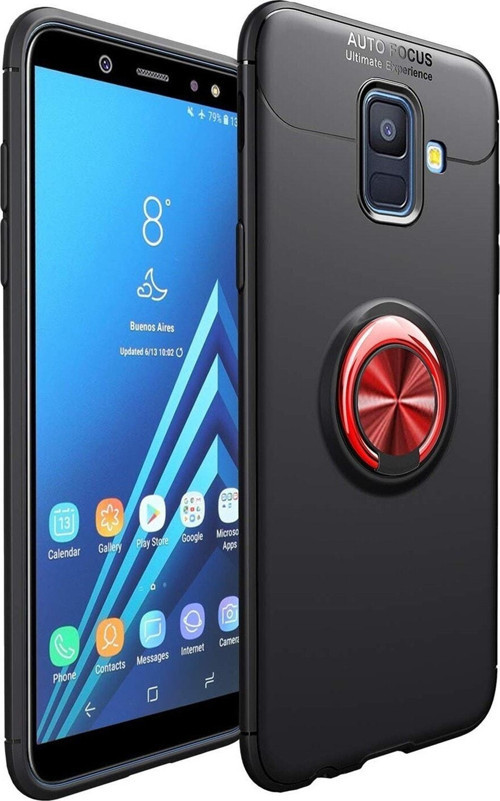 Samsung Galaxy A6 2018 Kılıf Renkli Yüzüklü Manyetik Silikon Kapak Siyah - Kırmızı