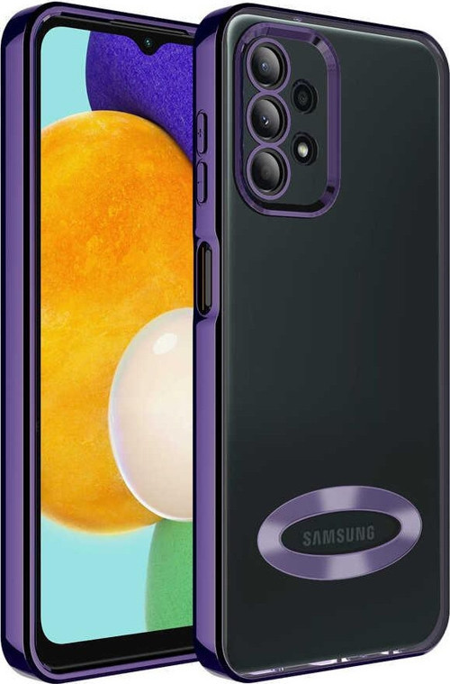 Samsung Galaxy A23 Kapak Yanları Renkli Lens Korumalı Logo Gösteren Luxury Silikon Kılıf - Mor