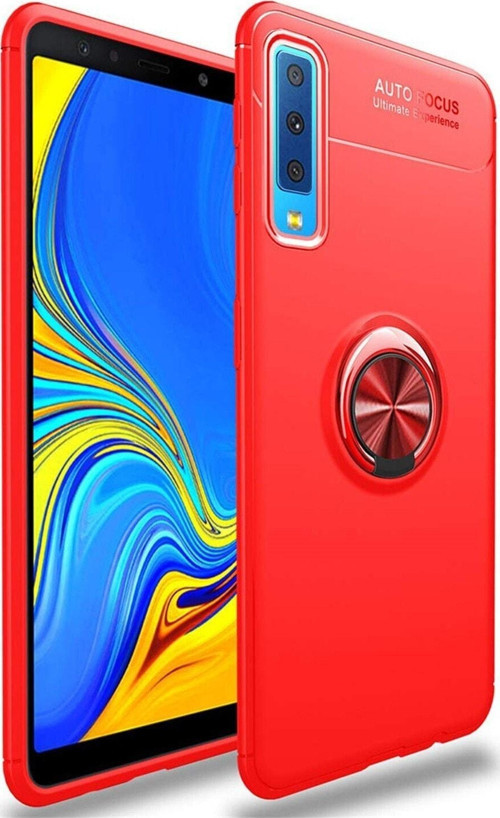 Samsung Galaxy A7 2018 Kılıf Renkli Yüzüklü Manyetik Silikon Kapak Kırmızı - Kırmızı