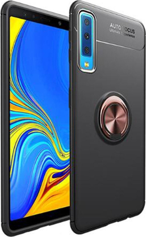 Samsung Galaxy A7 2018 Kılıf Renkli Yüzüklü Manyetik Silikon Kapak Siyah - Rose gold