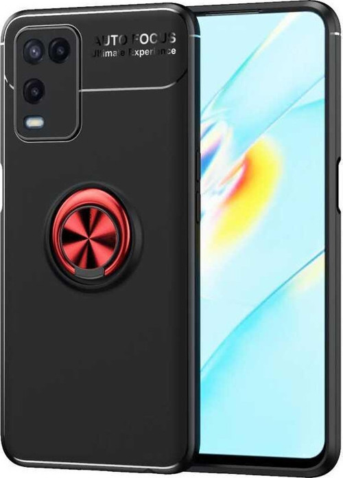 Oppo A54 4G Kılıf Renkli Yüzüklü Manyetik Silikon Kapak Siyah - Kırmızı