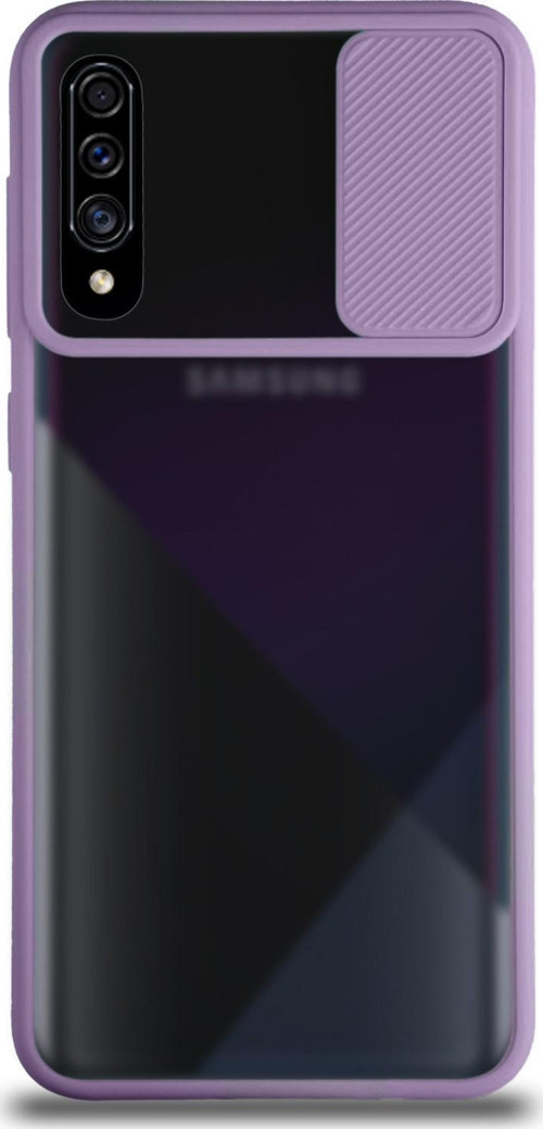 Samsung Galaxy A30S Kapak Lensi Açılır Kapanır Kamera Korumalı Silikon Kılıf - Lila