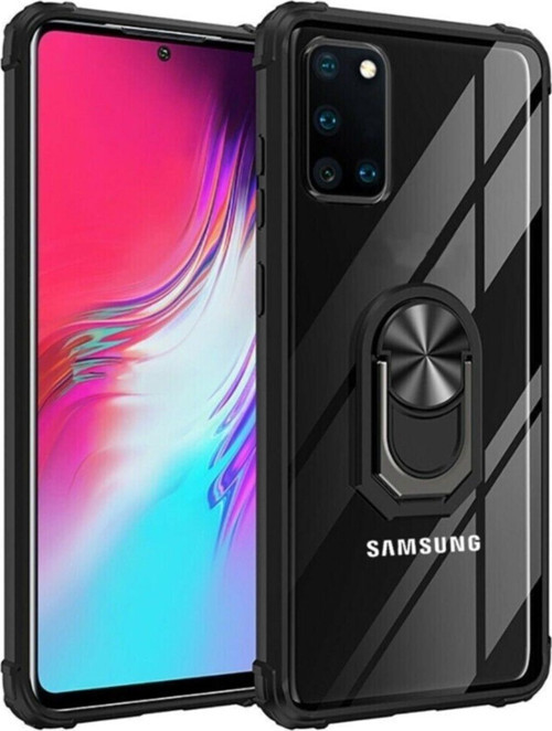 Samsung Galaxy A31 Kapak Şeffaf Yüzüklü Kenar Korumalı Standlı Kılıf - Siyah