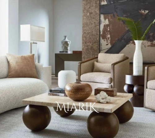 Miarik Design Dekoratif Ahşap Top Ayakli Traverten Kare Orta Sehpa