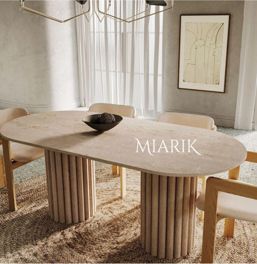 Miarik Design & Dekorasyon 2 Sütunlu Papatya Ayaklı Traverten Mermer Yemek Masası Alberto