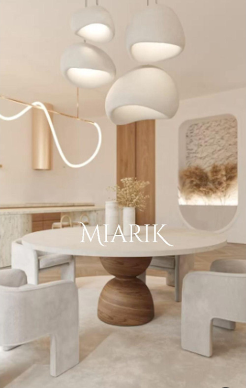 Miarik Design Yuvarlak Ahşap Bogum Ayak Traverten Tabla Mermer Yemek Masası