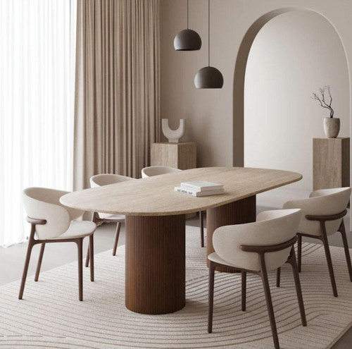 Miarik Design Traverten Tabla Ahsap Tirtik Ayakli Yemek Masası