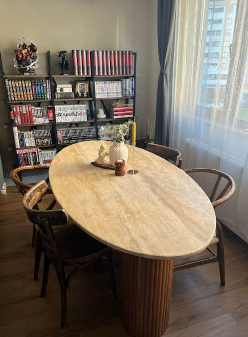 Miarik Design Traverten Tabla Ahsap Tirtik Ayakli Yemek Masası