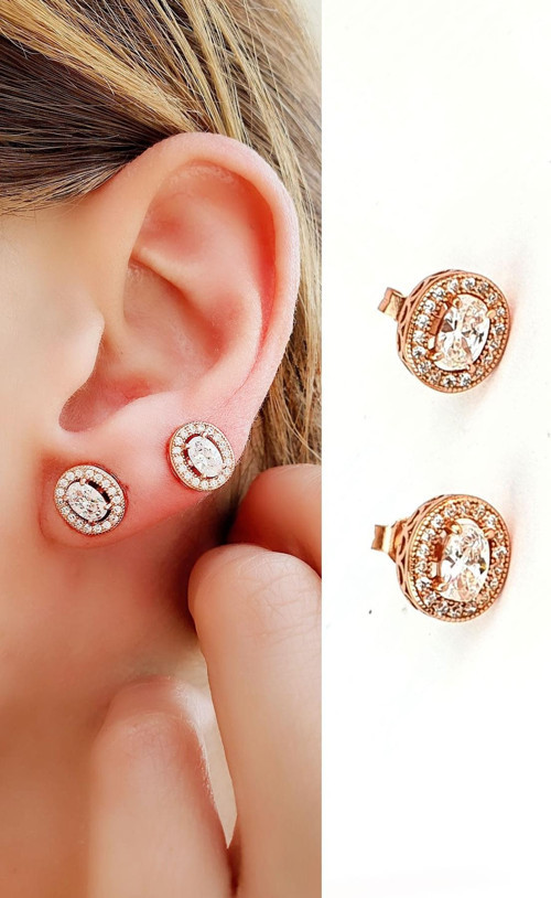 Swarovski Taşlı 925ayar Gümüş Üzerine Rose Altın Kaplama Oval Tek Taş Küpe