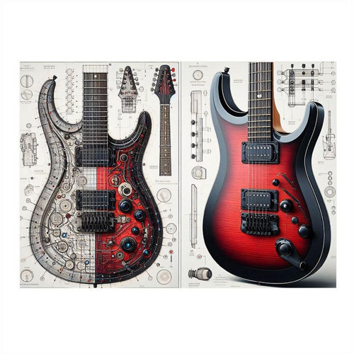 Renkli Elektro Gitar Tasarımı Desenli Ahşap Tablo 35cm X50cm