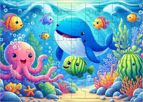 Ahşap Mdf Puzzle Yapboz Renkli Denizaltı Dünyası 50 Parça 35*50 cm