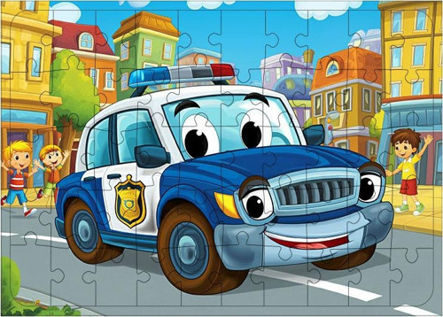 Ahşap Mdf Puzzle Yapboz Mavi Polis Arabası Gezisi 50 Parça 35*50 cm