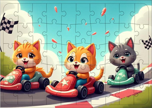 Ahşap Mdf Puzzle Yapboz Kedilerle Yarış Arabası Eğlencesi 50 Parça 35*50 cm