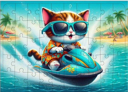 Ahşap Mdf Puzzle Yapboz Kedi Jet Ski Macerası 50 Parça 35*50 cm