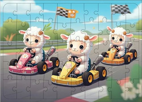 Ahşap Mdf Puzzle Yapboz Yarış Arabası Süren Kuzular 50 Parça 35*50 cm