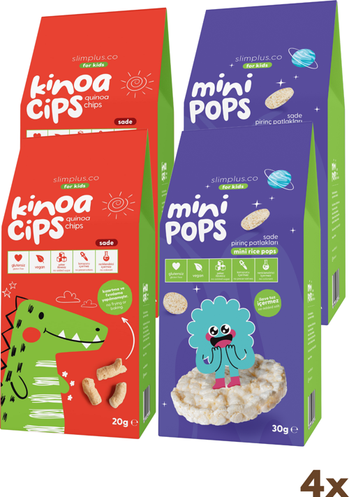 4\'lü Paket 20G Sade Kinoa Cipsi for Kids Sevimli Dinozor ve 30G Mini Pops Pirinç Patlakları