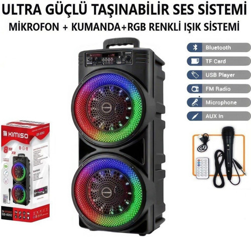 Ultra Güçlü 8" İnç + Çi̇Ft Hoparlör+Kablolu Mi̇Krofon+Kumandali 60Cm Rgb Işikli Parti̇ Hoparlör