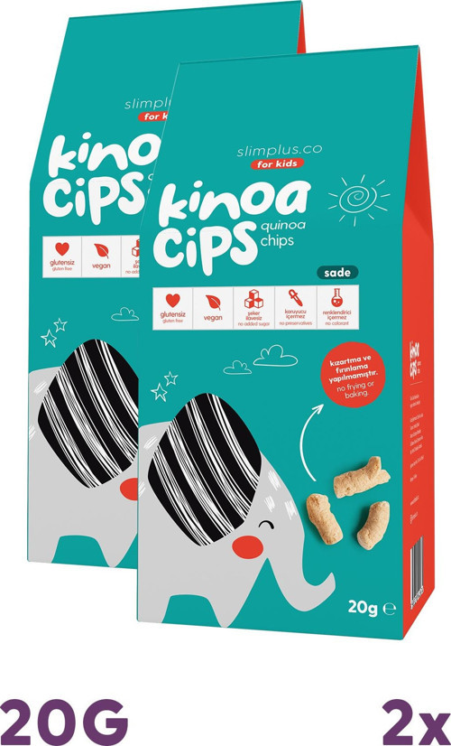 2 Paket 20G Sade Vegan Yağsız Kinoa Cipsi for Kids Glutensiz Çocuklara Özel Ambalaj Tatlı Fil