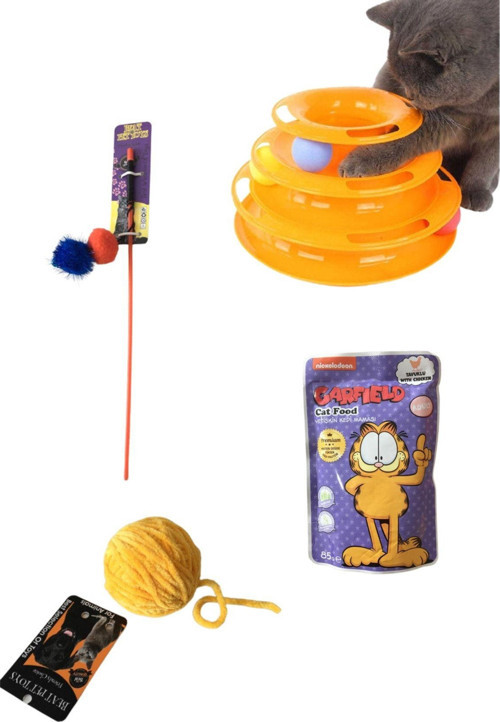 4'Lü Kedi Oyuncağı Set: 3 Katlı Oyuncak Kedi Oltası Ipli Sarma Top Garfield Yaş Mama
