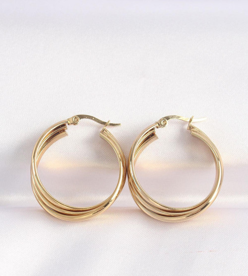 316L Çelik Gold Renk Asimetrik İç İçe Geçmeli Halka Küpe - TJ-BKP8952