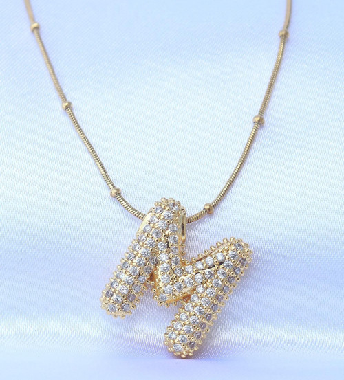 316L Çelik Zincirli Zirkon Taşlı M Harfli Gold Renk Bubble Kolye - TJ-BKO8713