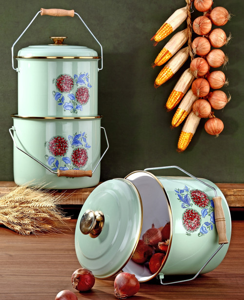 Emaye 3'lü Su Yeşili Bakraç Set, 14-16-18cm Yoğurt Mayalama Seti