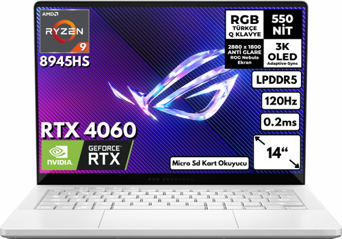 ROG Zephyrus G14 Ryzen 9-8945HS 16-GBDDR5 512 GB SSD RTX4060 (8GB) 14" 3K 0.2ms Freedos GA403UV-QS133 BT1