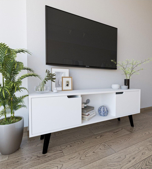 Siena Ahşap Ayaklı Tv Ünitesi Beyaz Televizyon Konsolu 140 Cm Ekonomik Modül Sehpa